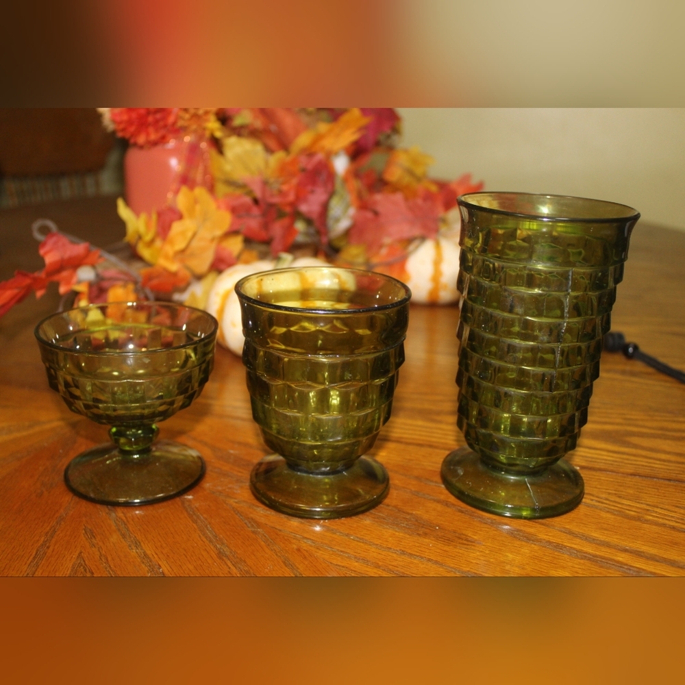 Vintage Green Indiana Whitehall Colony Cubist Glasses 3, 4 & 6oz